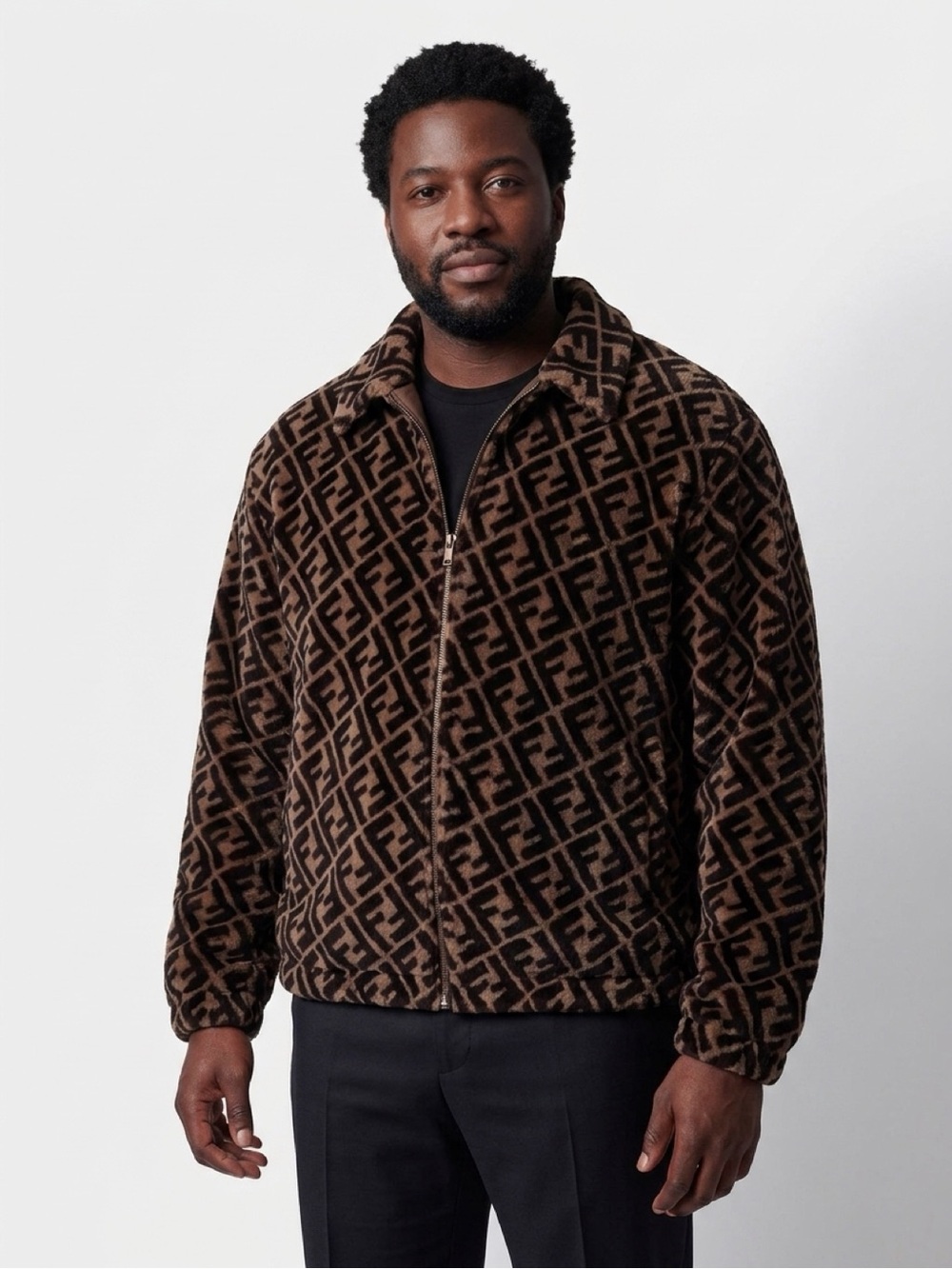 Fendi Monogram Brown & Black Fur Lamb and Leather Bomber Jacket reversible